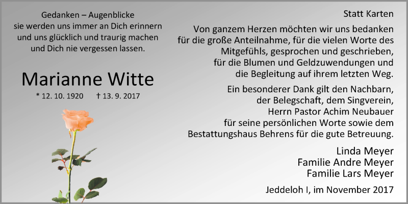  Traueranzeige für Marianne  Witte vom 04.11.2017 aus Nordwest-Zeitung