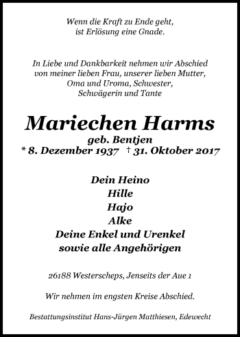 Traueranzeige von Mariechen Harms von Nordwest-Zeitung