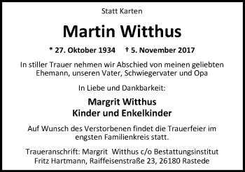 Traueranzeige von Martin Witthus von Nordwest-Zeitung