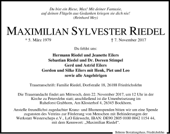 Traueranzeige von Maximilian Sylvester Riedel von Nordwest-Zeitung