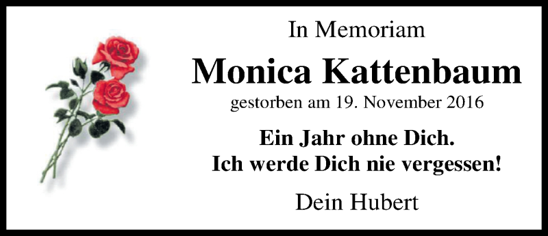  Traueranzeige für Monica Kattenbaum vom 20.11.2017 aus Nordwest-Zeitung