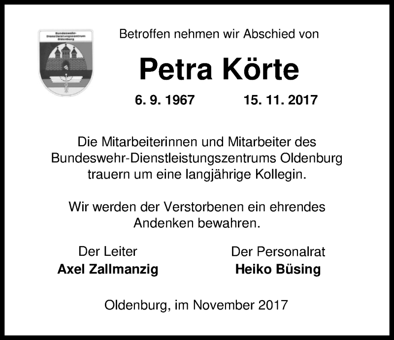  Traueranzeige für Petra Körte vom 18.11.2017 aus Nordwest-Zeitung