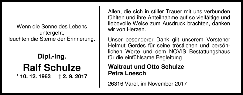  Traueranzeige für Ralf Schulze vom 04.11.2017 aus Nordwest-Zeitung