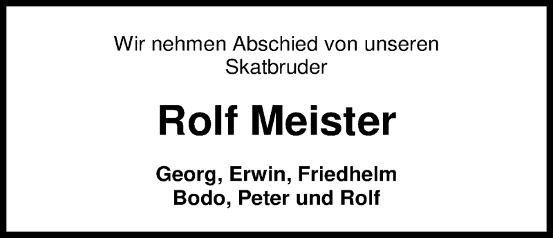  Traueranzeige für Rolf Meister vom 29.11.2017 aus Nordwest-Zeitung