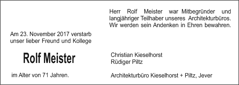  Traueranzeige für Rolf Meister vom 28.11.2017 aus Nordwest-Zeitung
