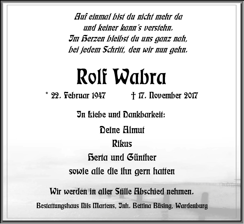  Traueranzeige für Rolf Wabra vom 23.11.2017 aus Nordwest-Zeitung