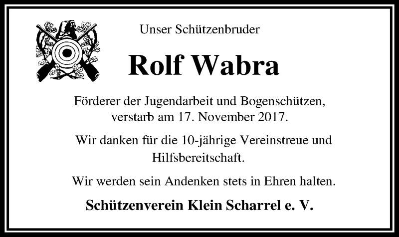 Traueranzeige für Rolf Wabra vom 23.11.2017 aus Nordwest-Zeitung
