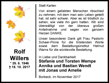 Traueranzeige von Rolf Willers von Nordwest-Zeitung
