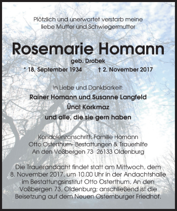 Traueranzeige von Rosemarie Homann von Nordwest-Zeitung