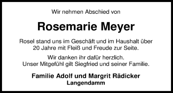 Traueranzeige von Rosemarie Meyer von Nordwest-Zeitung