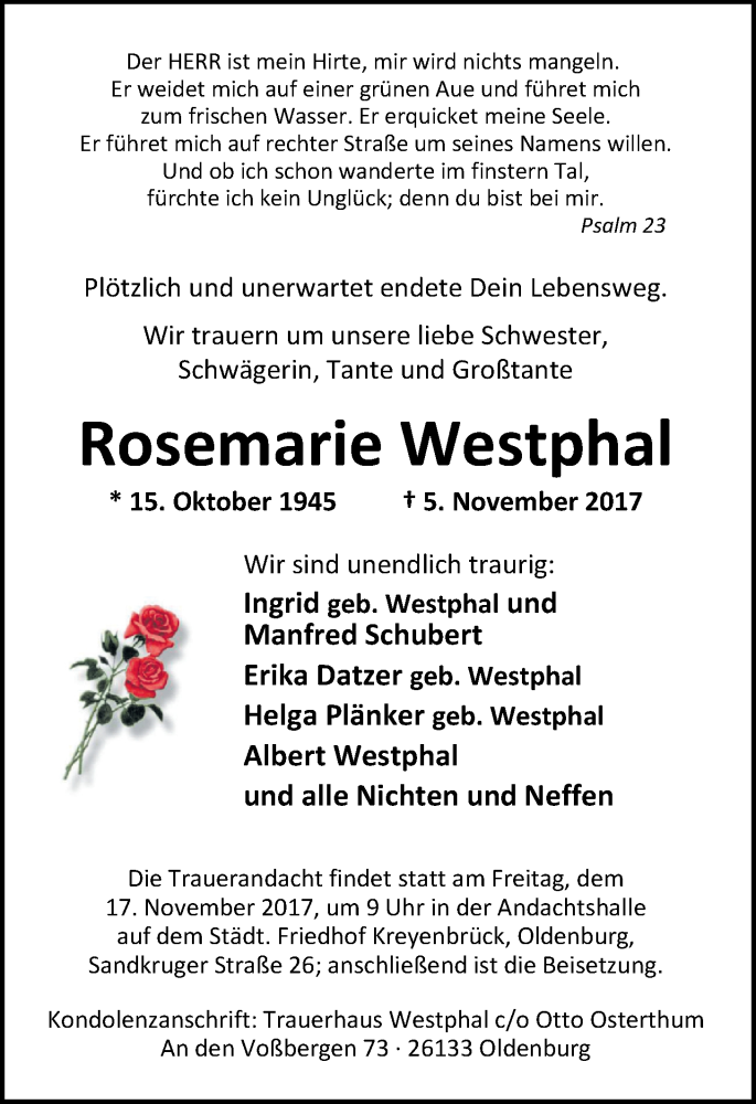  Traueranzeige für Rosemarie Westphal vom 11.11.2017 aus Nordwest-Zeitung