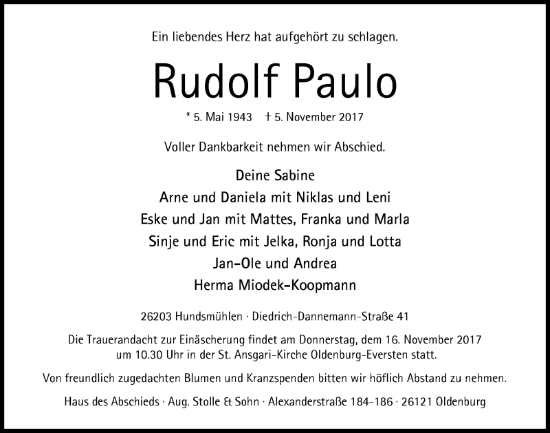  Traueranzeige für Rudolf Paulo vom 11.11.2017 aus Nordwest-Zeitung