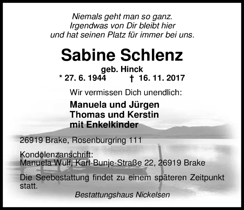  Traueranzeige für Sabine Schlenz vom 21.11.2017 aus Nordwest-Zeitung