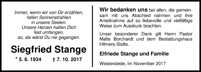 Traueranzeige für Siegfried Stange vom 18.11.2017 aus Nordwest-Zeitung
