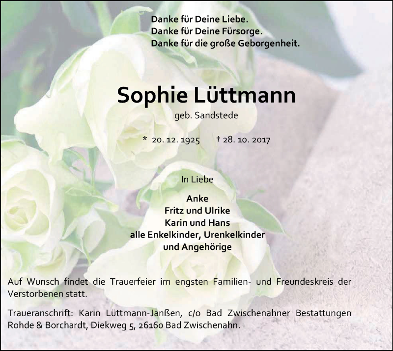  Traueranzeige für Sophie Lüttmann vom 02.11.2017 aus Nordwest-Zeitung