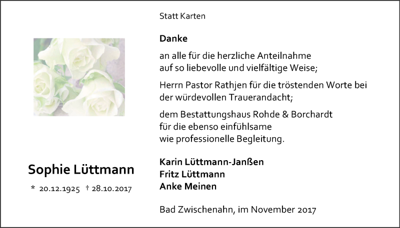  Traueranzeige für Sophie Lüttmann vom 30.11.2017 aus Nordwest-Zeitung