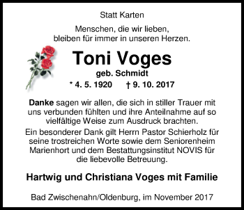 Traueranzeige von Toni Voges von Nordwest-Zeitung
