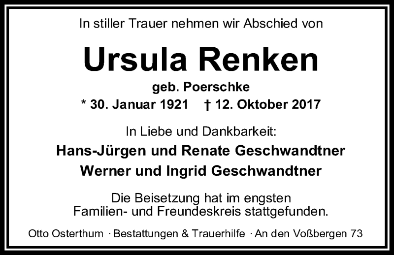  Traueranzeige für Ursula Renken vom 04.11.2017 aus Nordwest-Zeitung