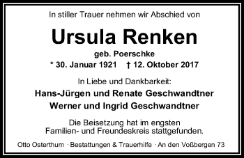 Traueranzeige von Ursula Renken von Nordwest-Zeitung