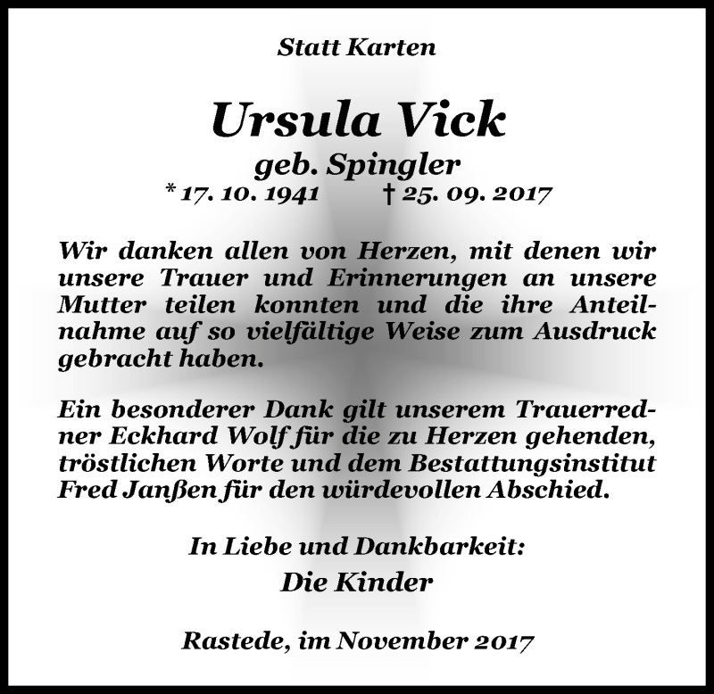  Traueranzeige für Ursula Vick vom 04.11.2017 aus Nordwest-Zeitung