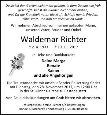 Traueranzeige von Waldemar Richter von Nordwest-Zeitung