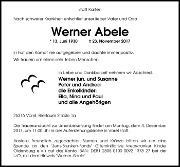 Traueranzeige von Werner Abele von Nordwest-Zeitung