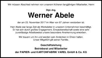 Traueranzeige von Werner Abele von Nordwest-Zeitung