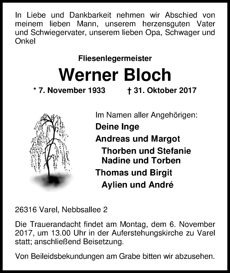  Traueranzeige für Werner Bloch vom 03.11.2017 aus Nordwest-Zeitung