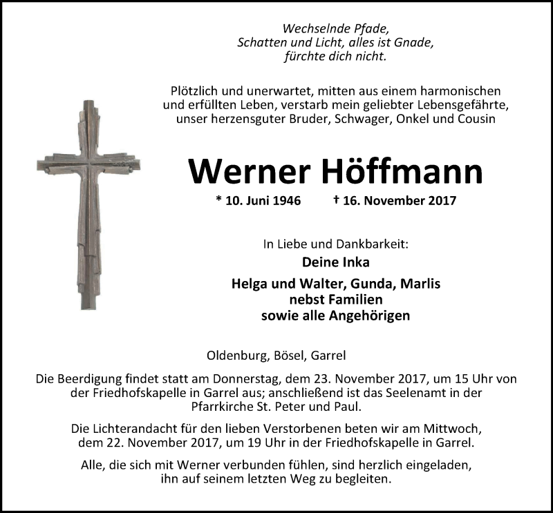  Traueranzeige für Werner Höffmann vom 20.11.2017 aus Nordwest-Zeitung