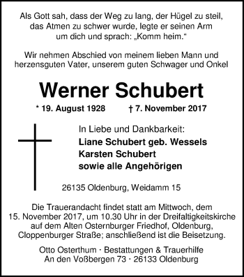 Traueranzeige von Werner Schubert von Nordwest-Zeitung