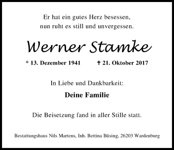 Traueranzeige von Werner Stamke von Nordwest-Zeitung