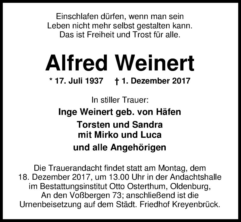  Traueranzeige für Alfred Weinert vom 13.12.2017 aus Nordwest-Zeitung