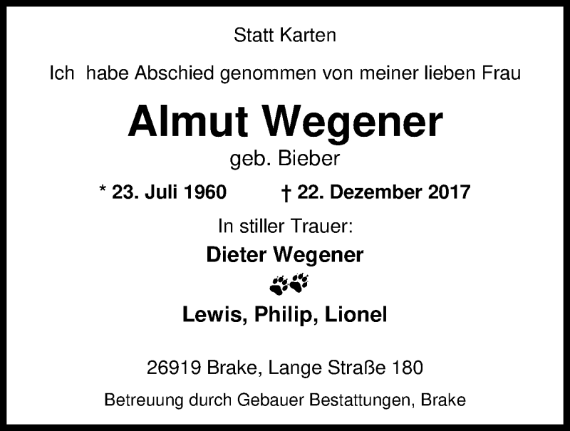  Traueranzeige für Almut Wegener vom 28.12.2017 aus Nordwest-Zeitung