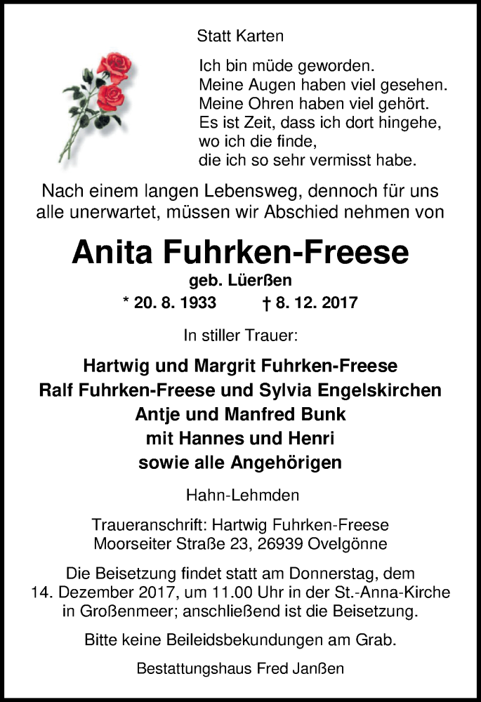  Traueranzeige für Anita Fuhrken-Freese vom 11.12.2017 aus Nordwest-Zeitung