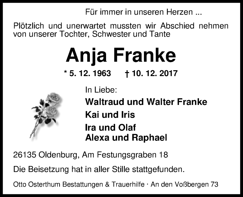  Traueranzeige für Anja Franke vom 23.12.2017 aus Nordwest-Zeitung