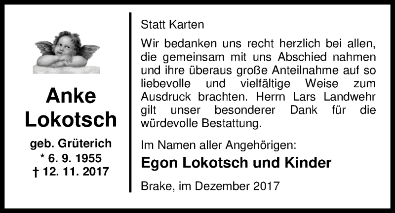  Traueranzeige für Anke Lokotsch vom 16.12.2017 aus Nordwest-Zeitung