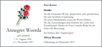 Traueranzeige von Annegret Weerda von Nordwest-Zeitung