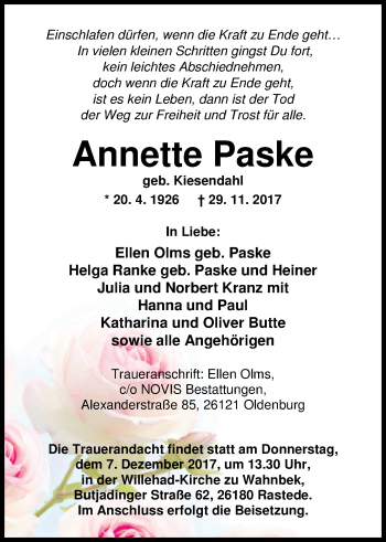 Traueranzeige von Annette Paske von Nordwest-Zeitung