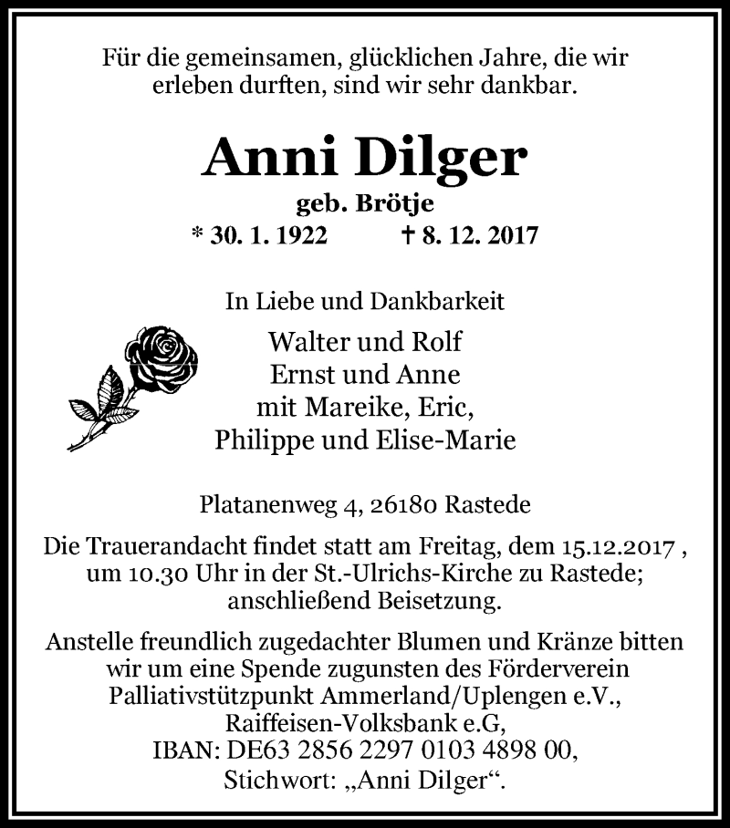  Traueranzeige für Anni Dilger vom 12.12.2017 aus Nordwest-Zeitung