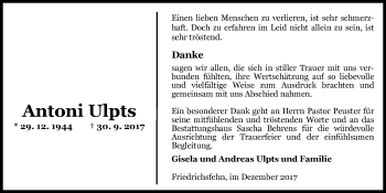 Traueranzeige von Antoni Ulpts von Nordwest-Zeitung