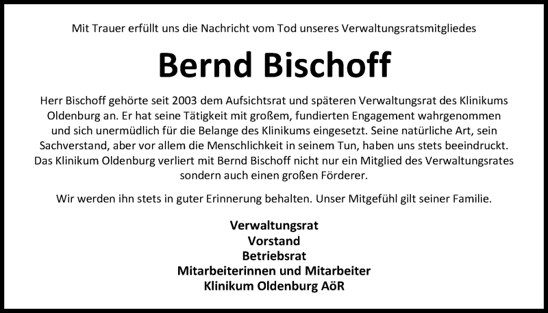  Traueranzeige für Bernd Bischoff vom 30.12.2017 aus Nordwest-Zeitung