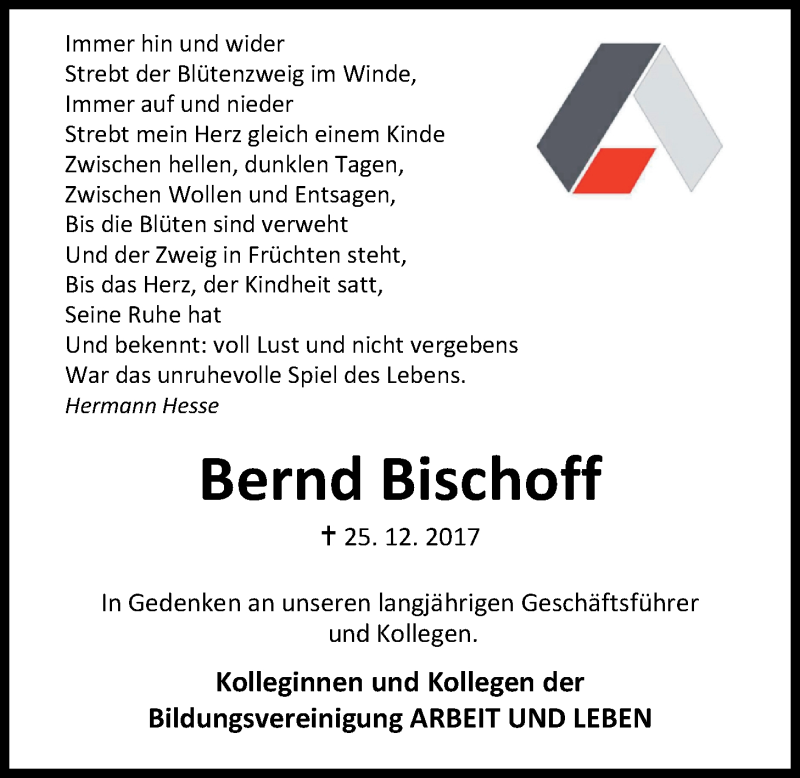  Traueranzeige für Bernd Bischoff vom 30.12.2017 aus Nordwest-Zeitung