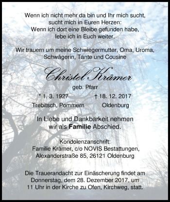 Traueranzeige von Christel Krämer von Nordwest-Zeitung
