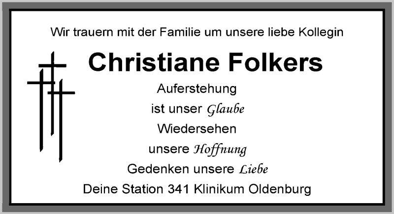  Traueranzeige für Christiane Folkers vom 16.12.2017 aus Nordwest-Zeitung