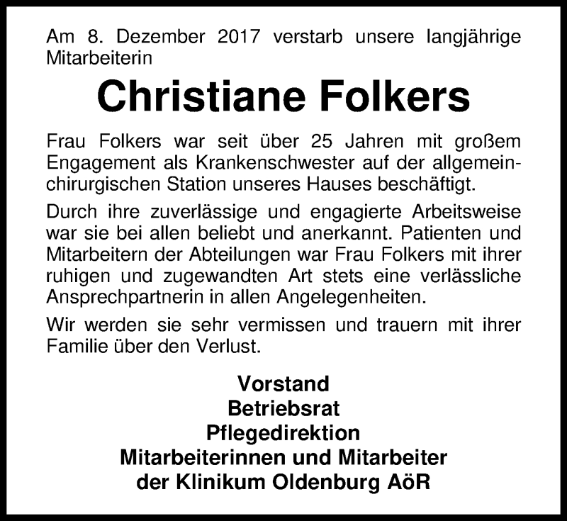  Traueranzeige für Christiane Folkers vom 14.12.2017 aus Nordwest-Zeitung