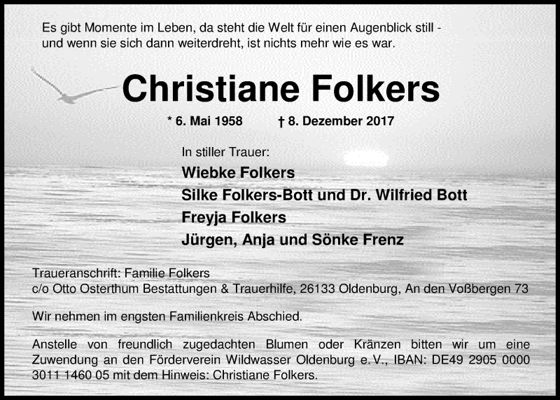  Traueranzeige für Christiane Folkers vom 13.12.2017 aus Nordwest-Zeitung