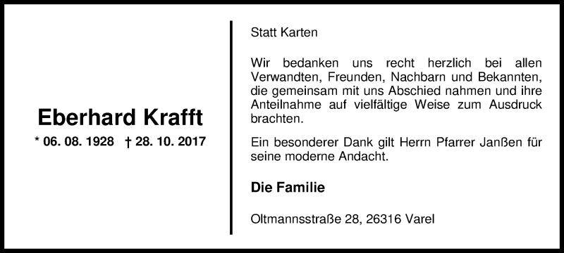  Traueranzeige für Eberhard Krafft vom 30.12.2017 aus Nordwest-Zeitung