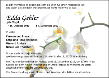 Traueranzeige von Edda Gehler von Nordwest-Zeitung