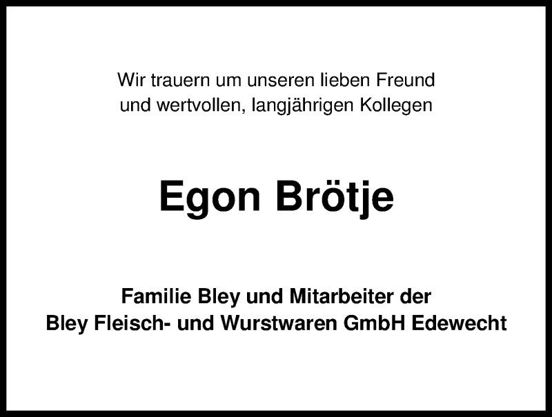  Traueranzeige für Egon Brötje vom 19.12.2017 aus Nordwest-Zeitung