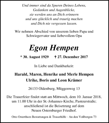 Traueranzeige von Egon Hempen von Nordwest-Zeitung